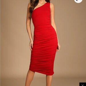 ✨ Lulus Total Appeal Red One-Shoulder Ruched Bodycon Midi Dress | Women’s Size S
